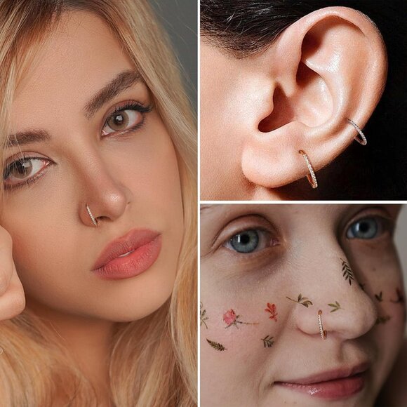 Gold 8mm Surgical Steel Nose Hoop with CZ - Hypoallergenic Tragus Helix Piercing - Picture 7 of 9